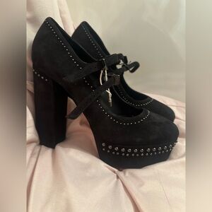 NEW Le Silla lesilla suede leather platform heels 38 italy Mary Jane studs